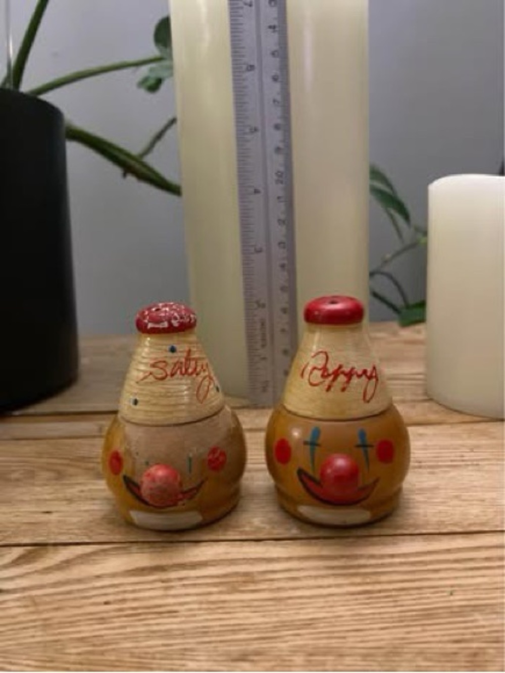 Vintage Wood Clown Salt & Pepper Shakers "Salty" & "Peppy" Hand Painted 3.5"